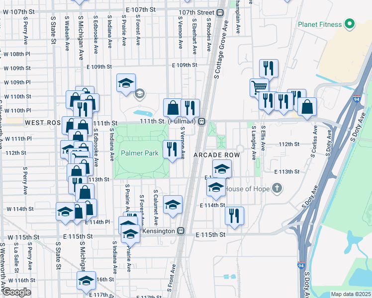 map of restaurants, bars, coffee shops, grocery stores, and more near 11159 South Vernon Avenue in Chicago