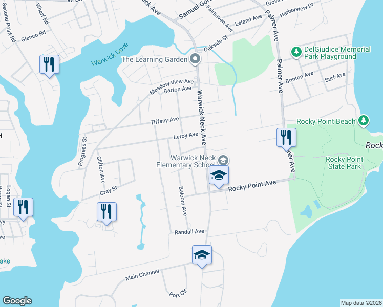 map of restaurants, bars, coffee shops, grocery stores, and more near 493 Warwick Neck Avenue in Warwick