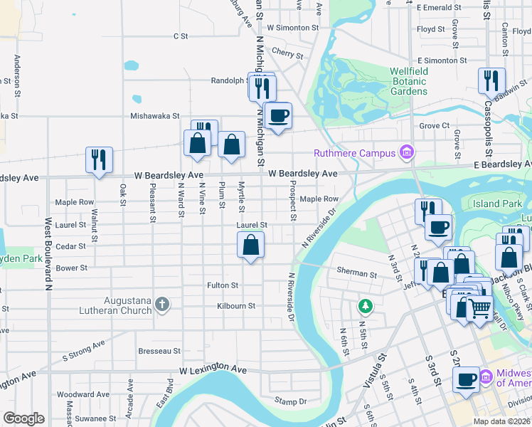 map of restaurants, bars, coffee shops, grocery stores, and more near 636 Laurel Street in Elkhart