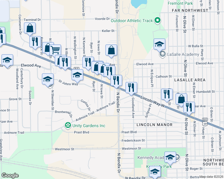 map of restaurants, bars, coffee shops, grocery stores, and more near 1299 North Kentucky Street in South Bend