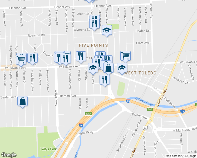 map of restaurants, bars, coffee shops, grocery stores, and more near 946 Kane St in Toledo