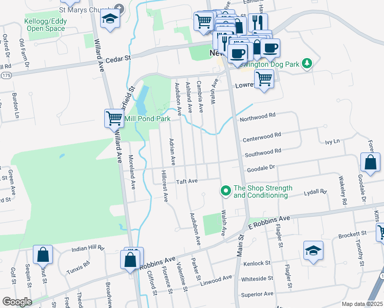 map of restaurants, bars, coffee shops, grocery stores, and more near 183 Ashland Avenue in Newington