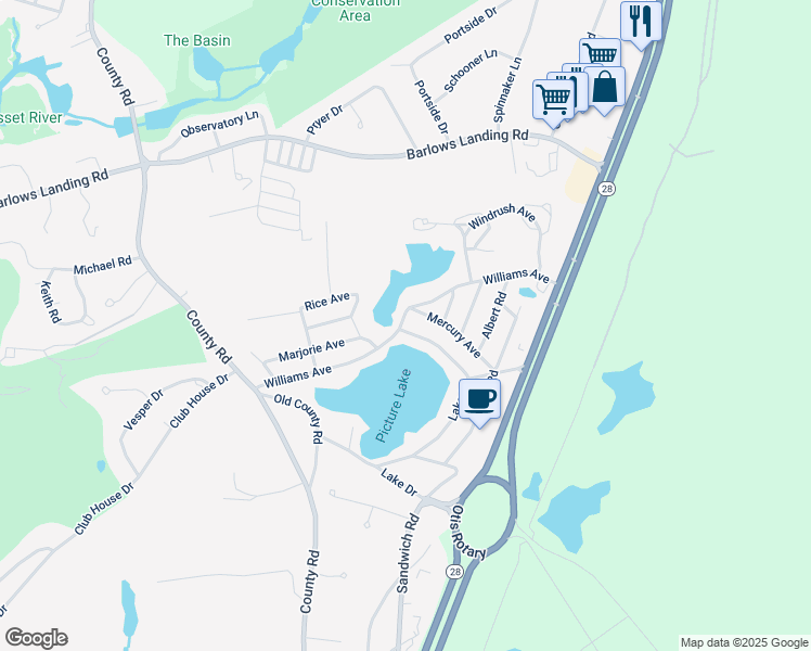 map of restaurants, bars, coffee shops, grocery stores, and more near 1 Lake Drive in Bourne