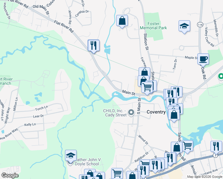map of restaurants, bars, coffee shops, grocery stores, and more near 1260 Main St in Coventry