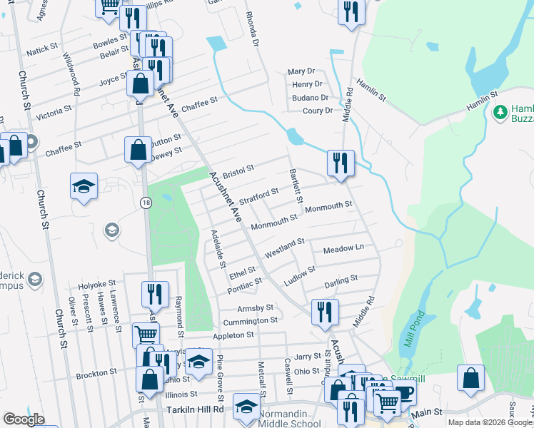 map of restaurants, bars, coffee shops, grocery stores, and more near 169 Morris St in New Bedford