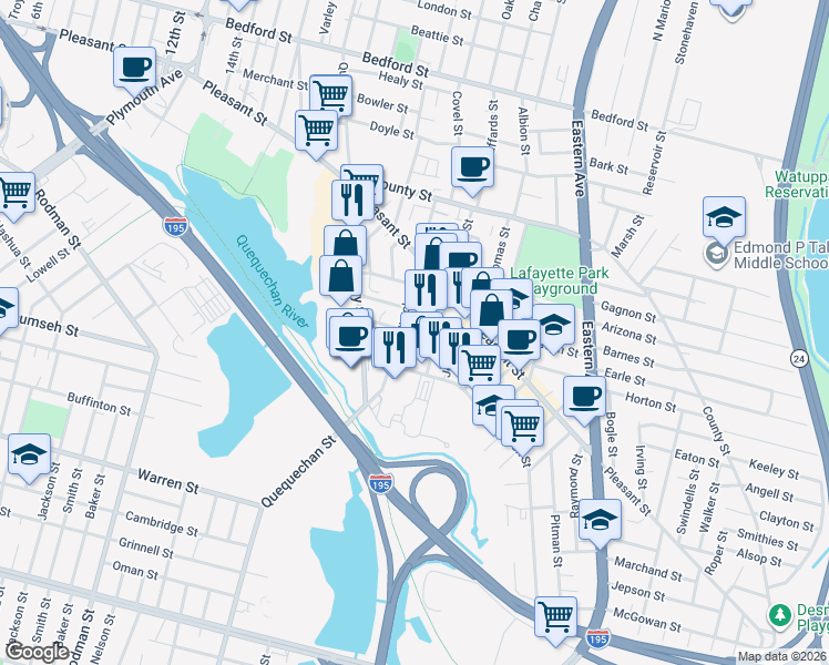 map of restaurants, bars, coffee shops, grocery stores, and more near 281 Harrison Street in Fall River