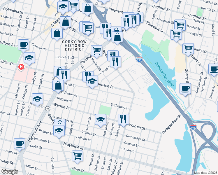 map of restaurants, bars, coffee shops, grocery stores, and more near 351 Tecumseh Street in Fall River