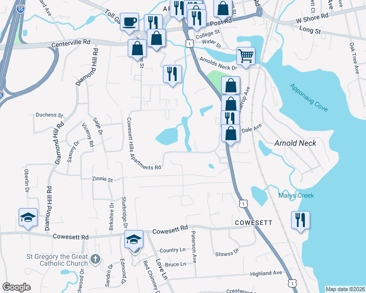 map of restaurants, bars, coffee shops, grocery stores, and more near 3595 Post Road in Warwick