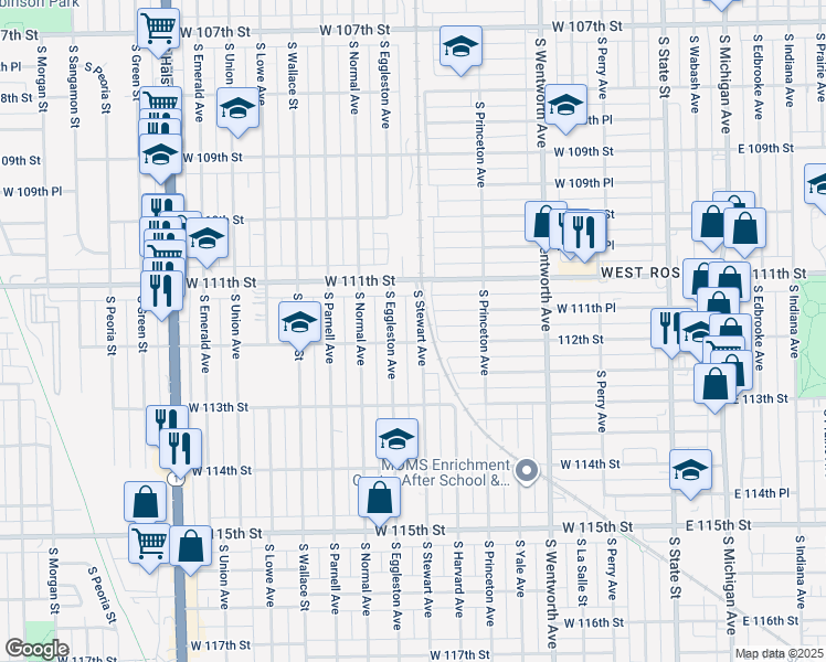 map of restaurants, bars, coffee shops, grocery stores, and more near 11150 South Stewart Avenue in Chicago