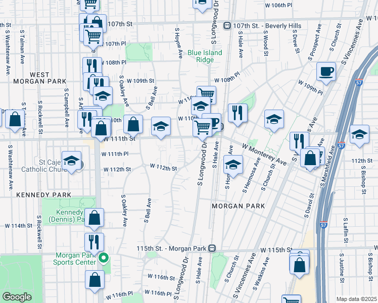 map of restaurants, bars, coffee shops, grocery stores, and more near 11131 South Hoyne Avenue in Chicago