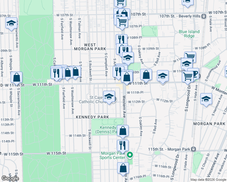 map of restaurants, bars, coffee shops, grocery stores, and more near 11124 South Artesian Avenue in Chicago
