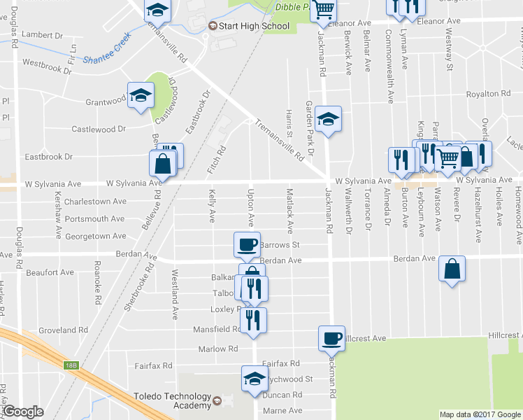 map of restaurants, bars, coffee shops, grocery stores, and more near 1846 Brussels Street in Toledo
