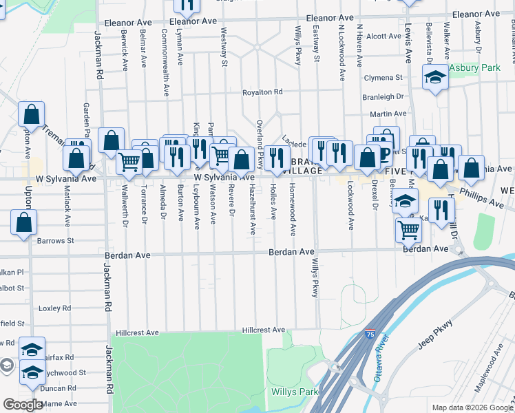 map of restaurants, bars, coffee shops, grocery stores, and more near 3916 Hazelhurst Avenue in Toledo