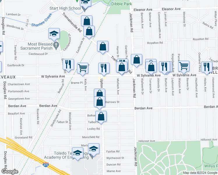 map of restaurants, bars, coffee shops, grocery stores, and more near 1834 Brussels Street in Toledo