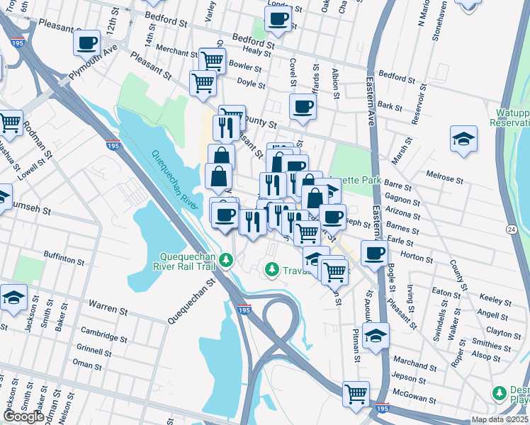 map of restaurants, bars, coffee shops, grocery stores, and more near 281 Harrison Street in Fall River