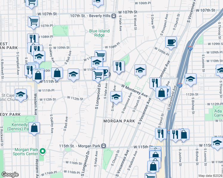 map of restaurants, bars, coffee shops, grocery stores, and more near 11120 South Homewood Avenue in Chicago