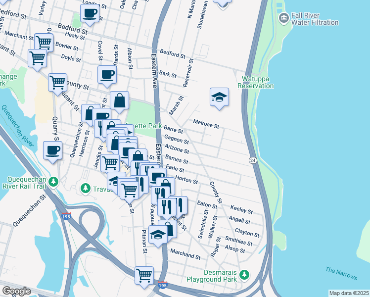 map of restaurants, bars, coffee shops, grocery stores, and more near 112 Arizona Street in Fall River