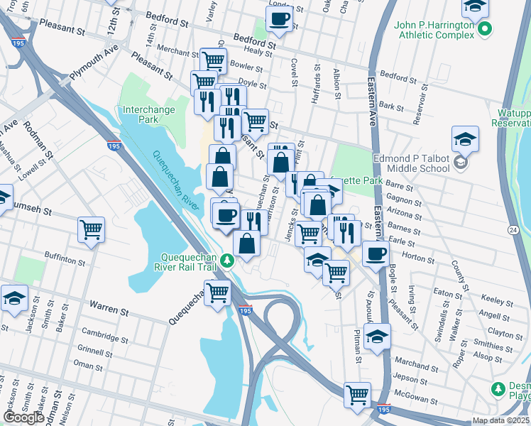 map of restaurants, bars, coffee shops, grocery stores, and more near 281 Harrison Street in Fall River