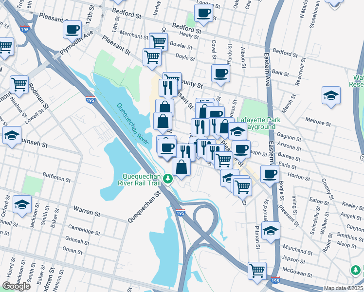 map of restaurants, bars, coffee shops, grocery stores, and more near 6 Lebanon Street in Fall River