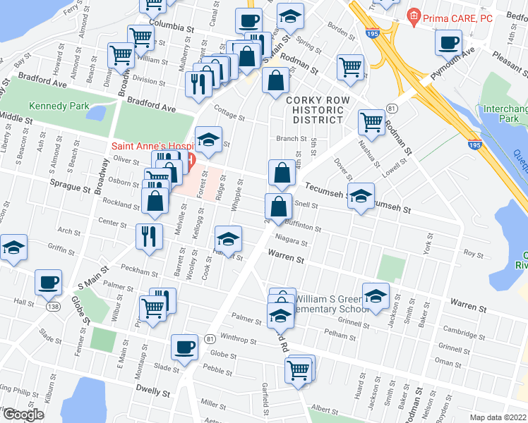 map of restaurants, bars, coffee shops, grocery stores, and more near 560 Osborn Street in Fall River