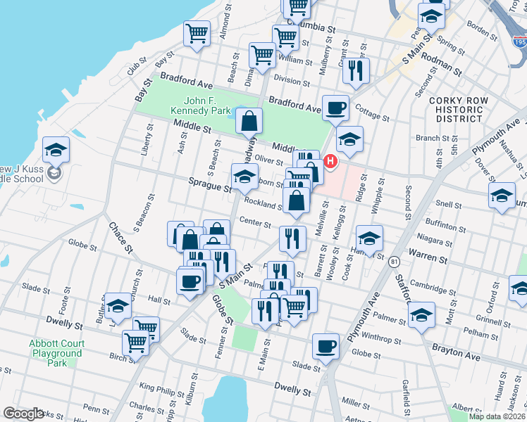 map of restaurants, bars, coffee shops, grocery stores, and more near 119 Rockland Street in Fall River