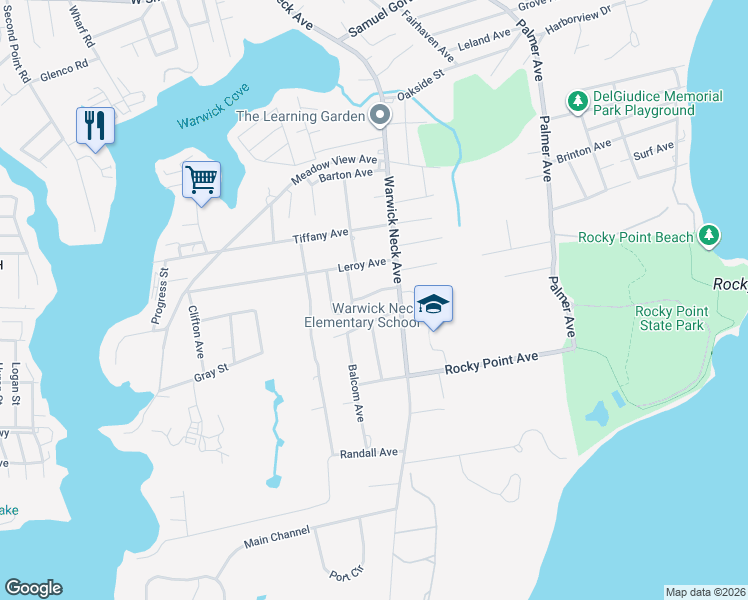 map of restaurants, bars, coffee shops, grocery stores, and more near 493 Warwick Neck Avenue in Warwick