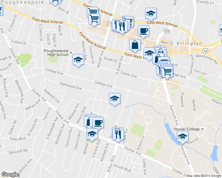 map of restaurants, bars, coffee shops, grocery stores, and more near 102 College Avenue in Poughkeepsie