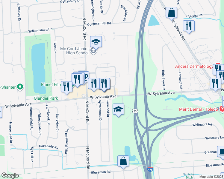 map of restaurants, bars, coffee shops, grocery stores, and more near 6537 Woodhall Drive in Sylvania