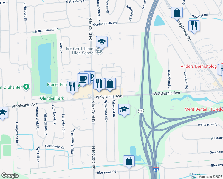 map of restaurants, bars, coffee shops, grocery stores, and more near 4001 New Castle Drive in Sylvania
