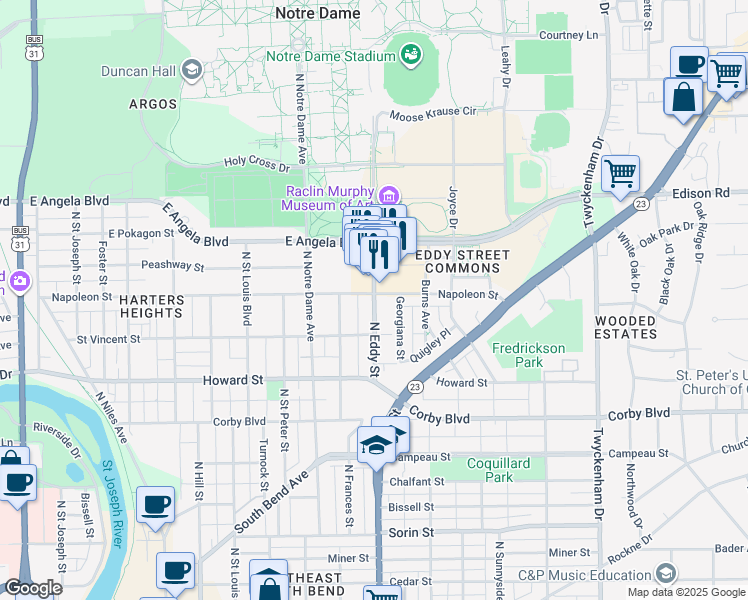 map of restaurants, bars, coffee shops, grocery stores, and more near 1147 Georgiana Street in South Bend