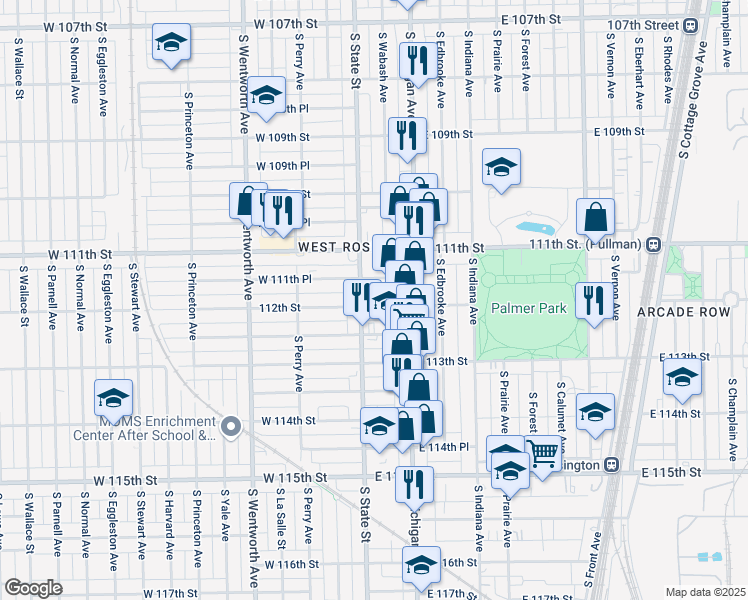 map of restaurants, bars, coffee shops, grocery stores, and more near 12 East 112th Street in Chicago