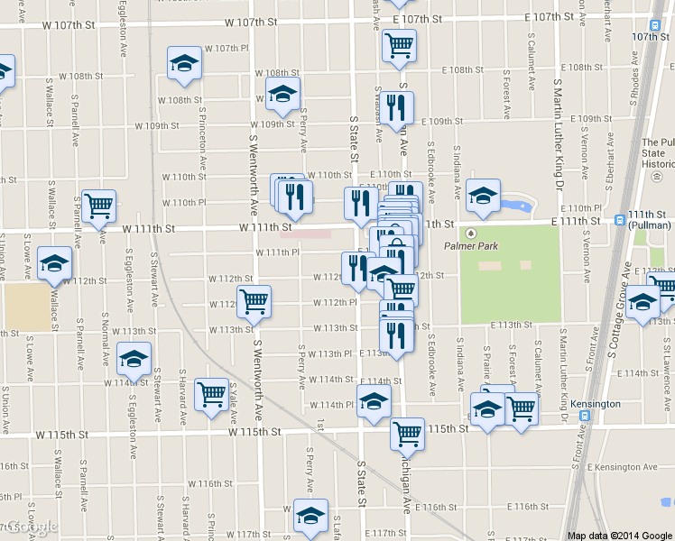 map of restaurants, bars, coffee shops, grocery stores, and more near 26 West 112th Street in Chicago