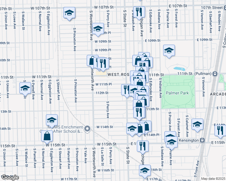 map of restaurants, bars, coffee shops, grocery stores, and more near 66 West 112th Street in Chicago