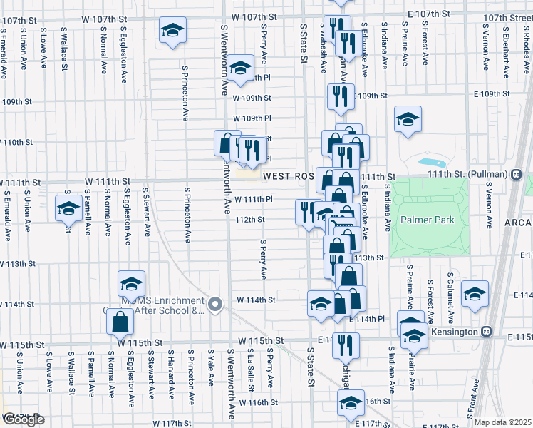 map of restaurants, bars, coffee shops, grocery stores, and more near 66 West 112th Street in Chicago