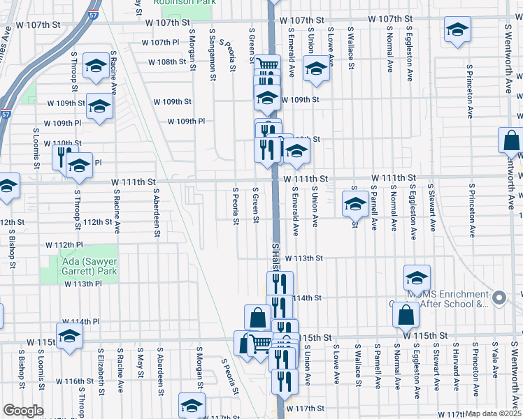 map of restaurants, bars, coffee shops, grocery stores, and more near 11147 South Green Street in Chicago