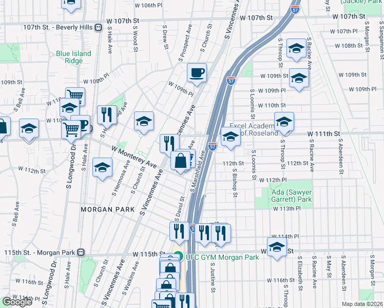 map of restaurants, bars, coffee shops, grocery stores, and more near 11132 South Hamlet Avenue in Chicago