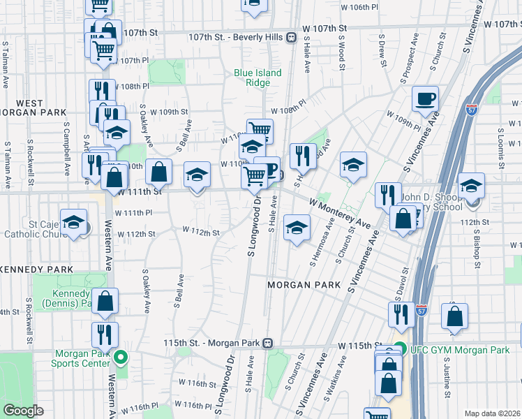map of restaurants, bars, coffee shops, grocery stores, and more near 11125 South Longwood Drive in Chicago