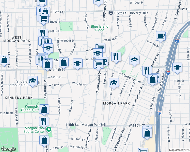 map of restaurants, bars, coffee shops, grocery stores, and more near 11131 South Hoyne Avenue in Chicago