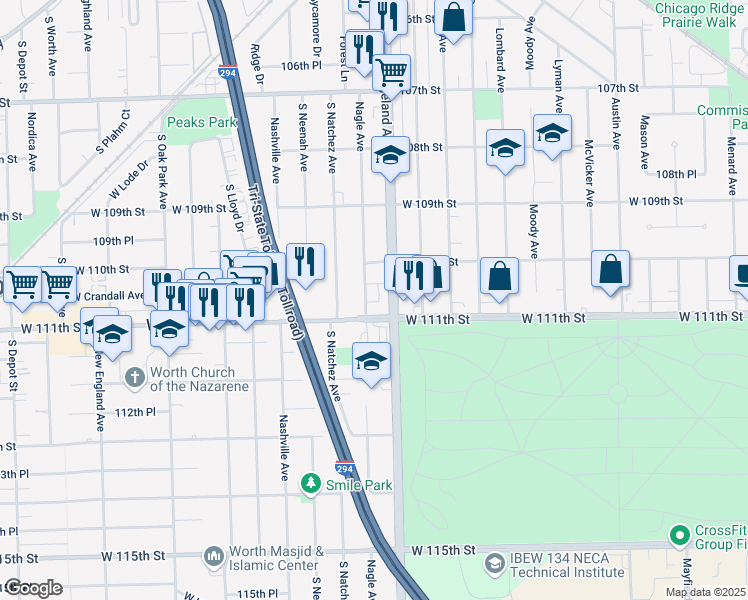 map of restaurants, bars, coffee shops, grocery stores, and more near 11055 Nagle Avenue in Worth