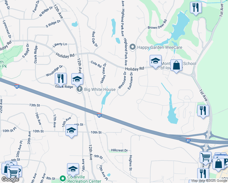map of restaurants, bars, coffee shops, grocery stores, and more near 1410 Westview Drive in Coralville