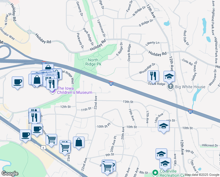 map of restaurants, bars, coffee shops, grocery stores, and more near 2107 14th St in Coralville