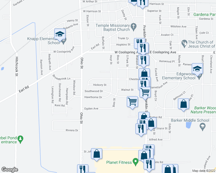 map of restaurants, bars, coffee shops, grocery stores, and more near 306 Hickory Street in Michigan City