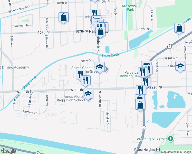 map of restaurants, bars, coffee shops, grocery stores, and more near 11020 South Roberts Road in Palos Hills