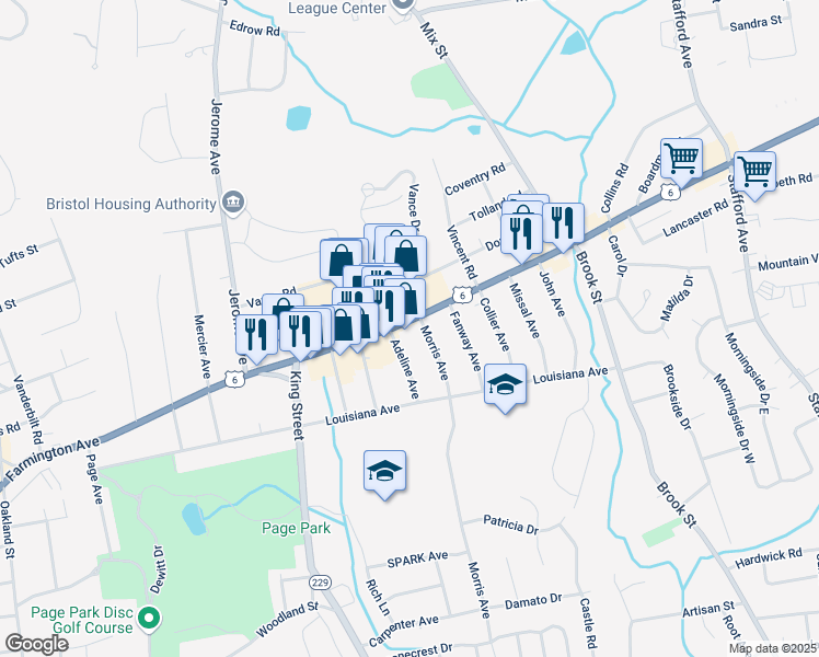 map of restaurants, bars, coffee shops, grocery stores, and more near 674 Farmington Avenue in Bristol