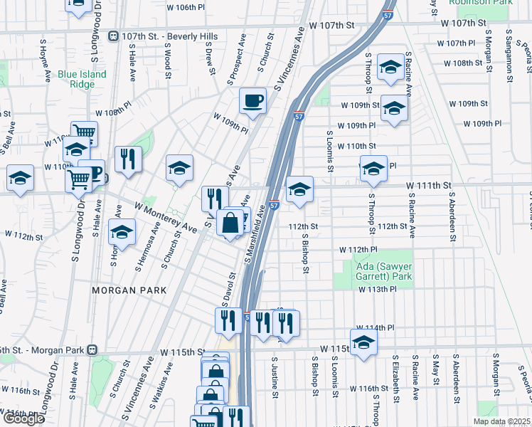map of restaurants, bars, coffee shops, grocery stores, and more near 11132 S Hamlet Ave in Chicago