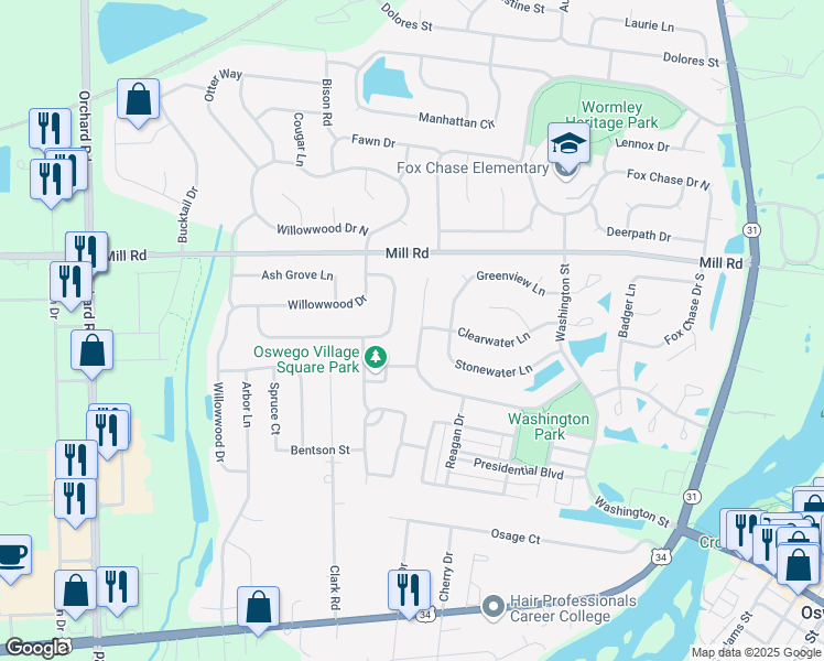 map of restaurants, bars, coffee shops, grocery stores, and more near 347 Whitewater Lane in Oswego