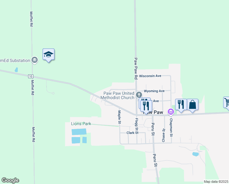 map of restaurants, bars, coffee shops, grocery stores, and more near 441 Wyoming Avenue in Paw Paw