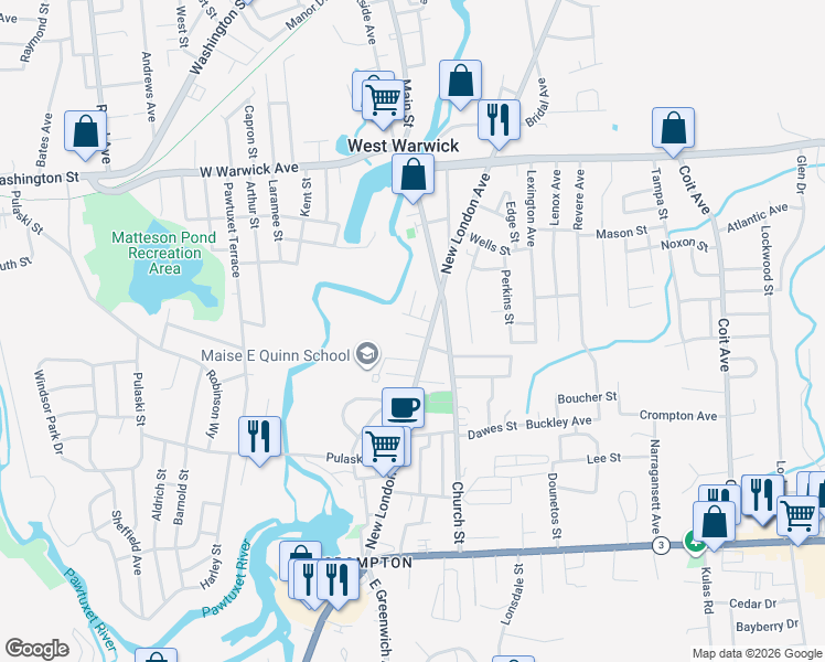 map of restaurants, bars, coffee shops, grocery stores, and more near 1 Ferreira Court in West Warwick