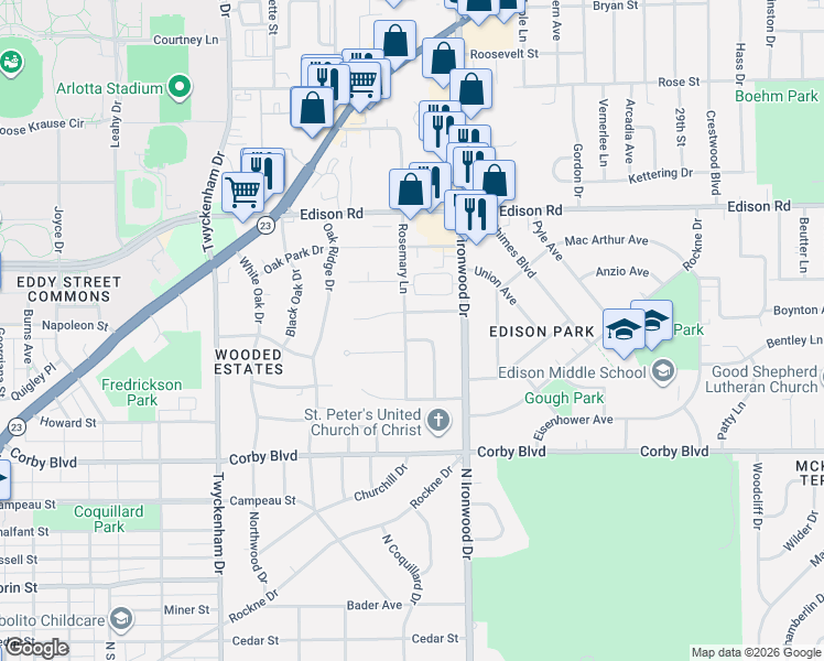 map of restaurants, bars, coffee shops, grocery stores, and more near 1144 Rosemary Lane in South Bend