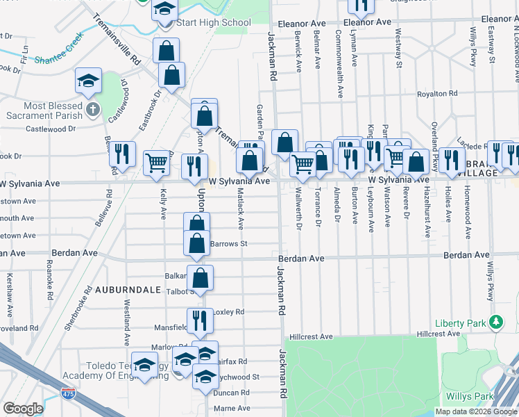 map of restaurants, bars, coffee shops, grocery stores, and more near 1730 Brussels Street in Toledo